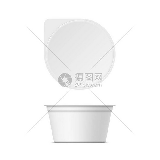 塑料酸奶容器的模型盖子隔离在白色背景上矢量逼真酸奶冰淇淋或酸奶奶油包装三维插图你的设计模板正面和顶部视图图片