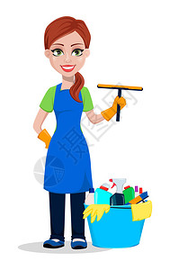 清洁公司工作人员穿着制服带有刮刀和装满洗涤剂的桶女卡通人物清洁剂白色背图片