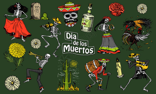 之日墨西哥国庆假期原始的题字在西班牙人的穆埃尔托斯洛杉矶骨骼在服装舞蹈演奏小提琴小号和吉他手绘雕刻画图片