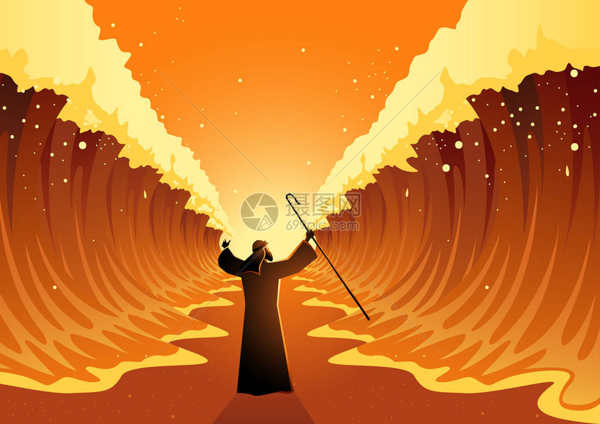 圣经和宗教矢量插画系列摩西伸出他的杖红海被神分开了插画图片下载-正版图片402412073-摄图网