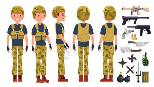 士兵男向量构成剪影演奏不同的姿势男子军战争准备战斗孤立的白色卡通插图图片