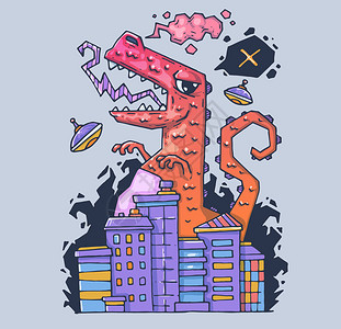 一个巨大的怪物摧毁了这座城市恐龙是毁灭者用于印刷和网络的卡通插图现代图形背景图片
