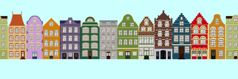 无缝边框的可爱复古房子的外观欧洲建筑门面的汇集比利时和荷兰的传统建筑背景图片