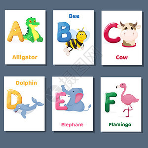 带有字母ABCDEF的字母可打印抽认卡矢量用于英语教育的动物园动物幼儿园abc卡与学龄前儿童在图片