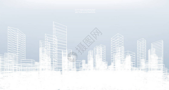 抽象线框城市透视3d渲染的建筑线框矢量插图图片