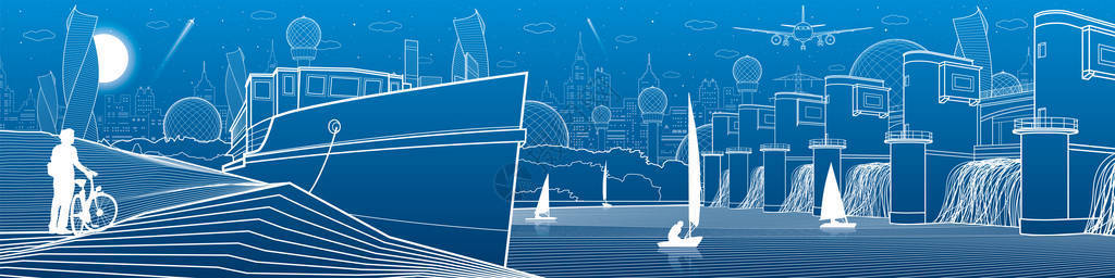 城市基础设施全景图水力发电站船降落在河岸在水上航行游艇蓝色背景上的白线图片