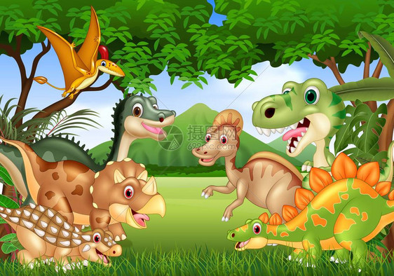 卡通生活在丛林中的快乐恐龙的矢量例证图片