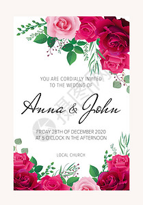 婚礼花卉模板集合带有深红色腮红和五颜六色的粉红玫瑰的贺卡可用作婚礼生日和其他节日的邀请卡所有元素都是隔离和可编辑的每图片