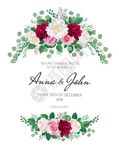 贺卡上有红色粉色和白色的玫瑰和白牡丹可用作婚礼生日和其他节日的邀请卡所有元素都是隔离和可编辑的每图片