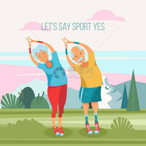 一位老妇人和一位老人在新鲜空气中做瑜伽和健身他们过着健康活跃的生活方式卡通风格的矢量插图图片