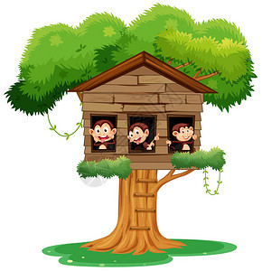 猴子在树屋玩耍插画图片