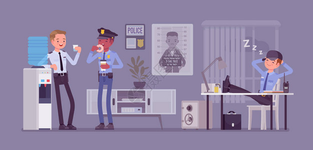在警察局午休警察在办公室聊天和吃饭下班后休息睡觉下班前恢复体力公共私人城市理念矢量插图图片