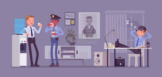 在警察局午休警察在办公室聊天和吃饭下班后休息睡觉下班前恢复体力公共私人城市理念矢量插图图片