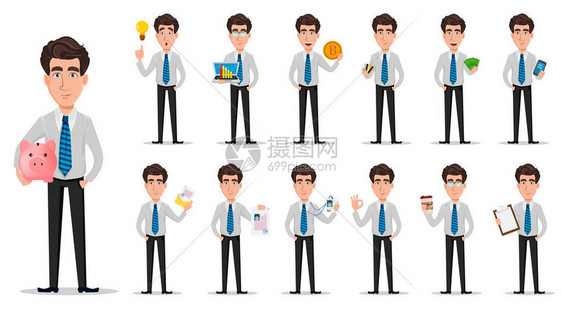 商人银行家经理卡通人物13个姿势组合图片