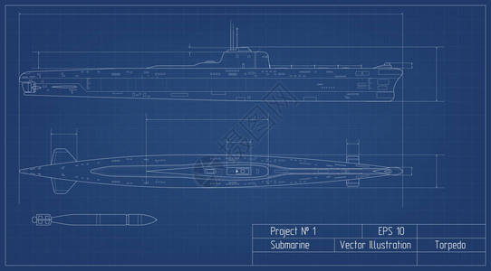 潜艇蓝图矢量插图背景图片