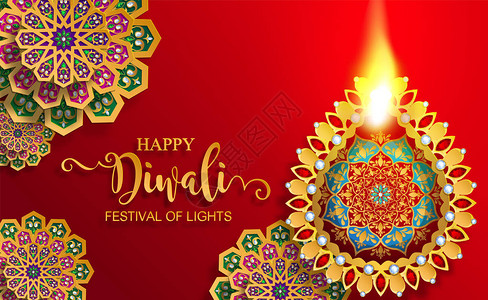快乐的Diwali节日卡与黄金Diya图案和水晶纸上的颜色背景图片