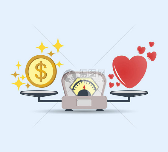 心脏和金钱的天平图标金钱和爱情在规模上的平衡选择的概念有爱和钱币的天平矢量隔离颜色的标志eps图片