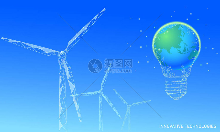 灯泡风车理念业务理念生态节能环保风绿色能源可持续动力全球生态地球解决方案蓝绿色低多边形多边形3d三角形矢量插图艺术图片
