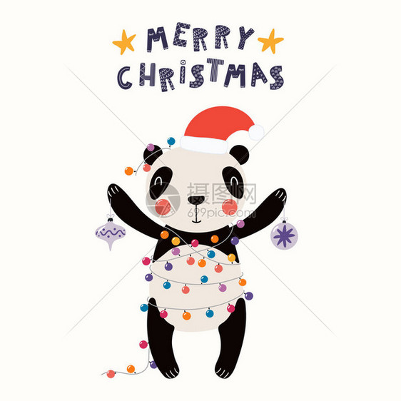 手绘矢量插图一只可爱的有趣的熊猫在帽子与灯和装饰文字快乐圣诞斯堪的纳维亚风格平面设计概念儿童卡图片