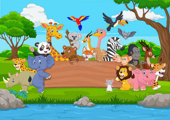 动画片野生动物的向量例证与空白板在丛林图片
