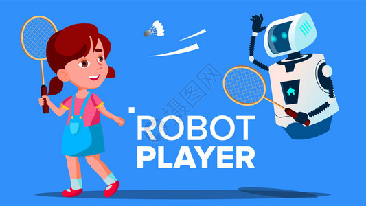 机器人玩羽毛球与一个儿童女孩向量孤立的插图图片