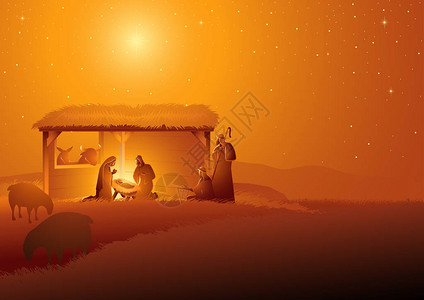 圣经矢量插图系列诞生场景的神圣家庭在稳定圣诞节主题图片