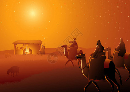 圣经矢量插图系列诞生场景的神圣家庭和三个智者圣诞节主题图片