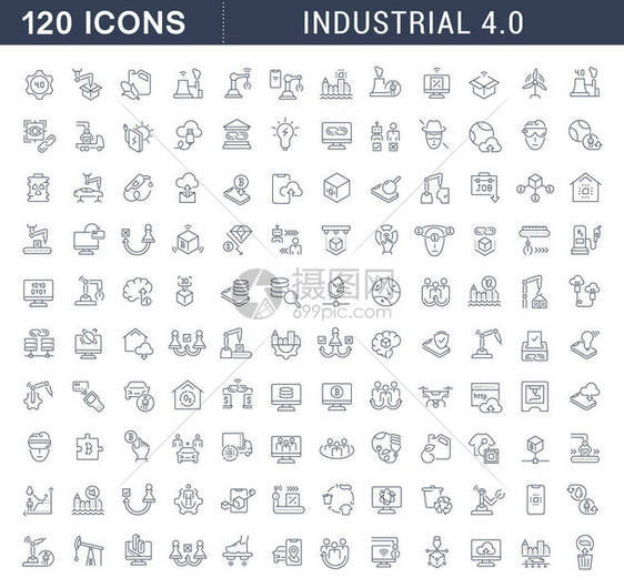一组用于现代概念和应用程序的工业40的矢量线图标图片