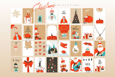 手绘矢量抽象乐趣圣诞快乐卡通插图贺卡模板和背景大收藏集与礼品盒和圣诞隔离图片