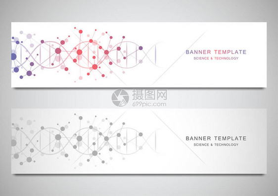具有DNA链和分子结构的站点的矢量横幅和标题基因工程或实验室研究医学科学和技术设计的图片