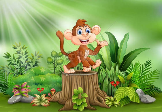 一只猴子坐在树桩上长着绿色植物图片
