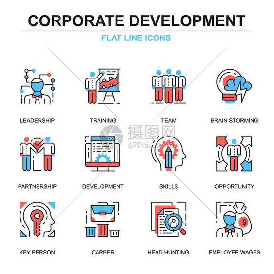 平面线公司发展图标概念设置为网站和移动网站和应用程序领导技能团队培训业务生涯细线颜色简单象形文字包矢量图图片