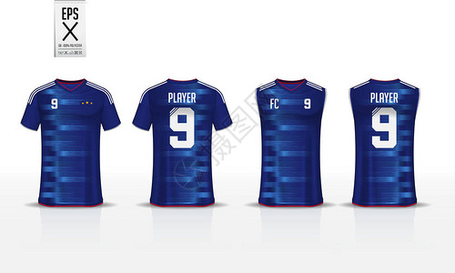 蓝色条纹图案T恤运动模板设计为足球衣足球套件和篮球衣背心运动制服的正面和背面视图为体育俱乐部模拟的运图片