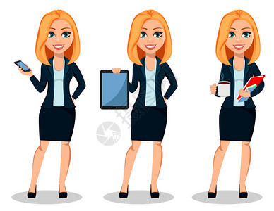 商务女穿着办公室风格的衣服三种姿势现代女商人拿着智能手机拿着平板电脑拿着咖啡和文件欢快的卡通人物矢量插图背景图片
