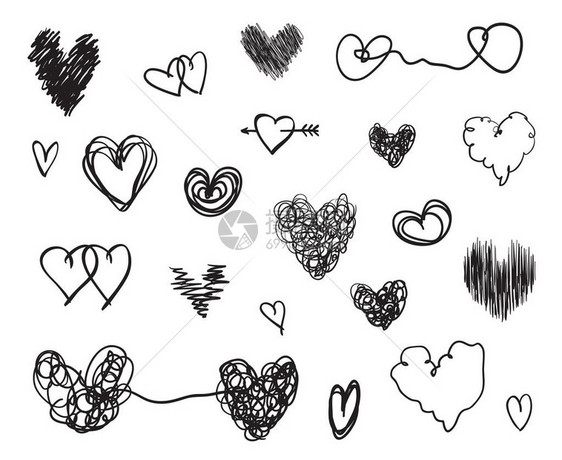 手画的心在孤立的白色背景上一套爱的标志独特的插图设计线条艺术创作黑白插图设计要素图片
