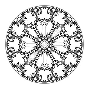 哥特式玫瑰窗中世纪欧洲艺术中流行的建筑主题用于设计徽章中世纪风格插图的元素黑与白EPS图片