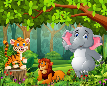 草原花,野生动物绿色森林漫画插画