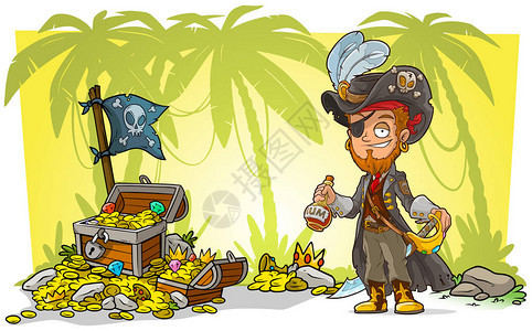 卡通胡子海盗人物戴着朗姆酒和宝箱戴着钻石金币和黑旗在背景上有棕榈树图片