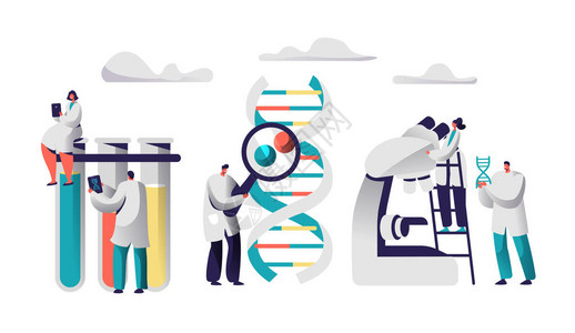 化学实验室图像中的科学家团队研究医学女在医学鞋坐在试管与平板电脑人与放大镜探索基因组对平面向量动画片例证图片