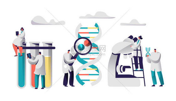 化学实验室图像中的科学家团队研究医学女在医学鞋坐在试管与平板电脑人与放大镜探索基因组对平面向量动画片例证图片