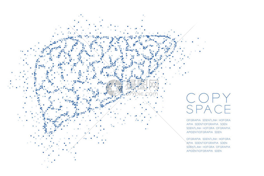 肝脏形状抽象几何方块像素图案医学器官概念设计蓝色插图与白色背景分离复制空间矢量EPS10图片