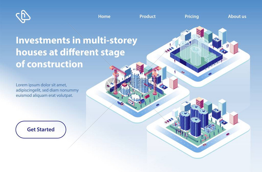 多层房屋建设投资项目等距矢量网页公寓或共管综合体在不同阶段的准备说明房地产公司登陆网页图片