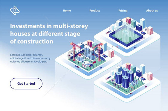 多层房屋建设投资项目等距矢量网页公寓或共管综合体在不同阶段的准备说明房地产公司登陆网页图片