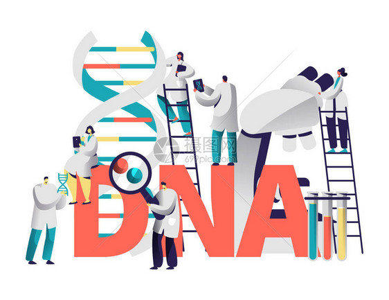 Dna基因医学测试版式化学实验室的科学家团队研究基因组带放大镜的人探索染色体对动机平图片