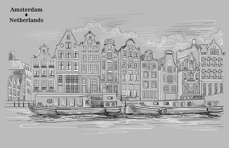 在荷兰阿姆斯特丹的运河堤坝房屋和船只上的荷兰的地标矢量手绘插图的黑白颜色隔离在灰色背景上图片