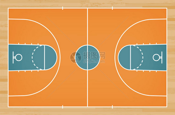 篮球场地板与木纹背景线篮球场地矢量图图片