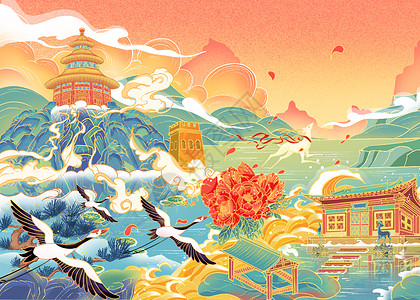 中国风国潮国风线性风景插画插画