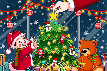 圣诞节小男孩和玩具小熊与神秘人装饰圣诞树图片