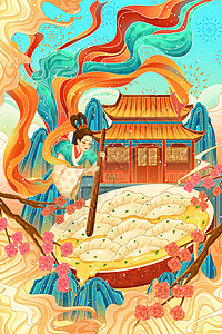 二十四节气冬至敦煌仙女煮饺子背景图片