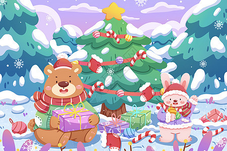 圣诞节小熊与兔子森林插画图片